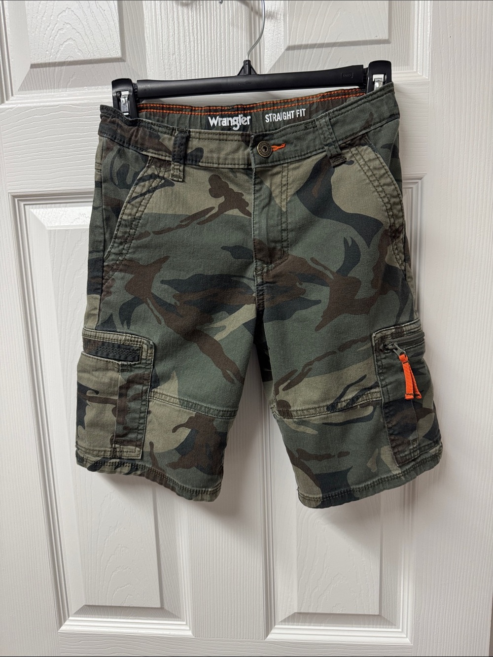 Wrangler Camo Green Cargo Shorts with zipper pockets and orange accent
